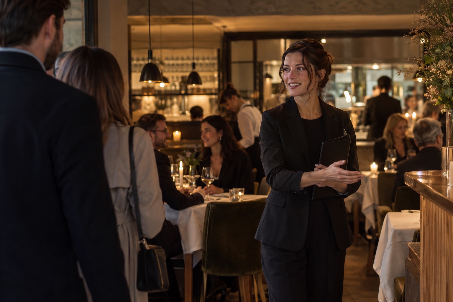 A restaurant host welcoming guests during evening service