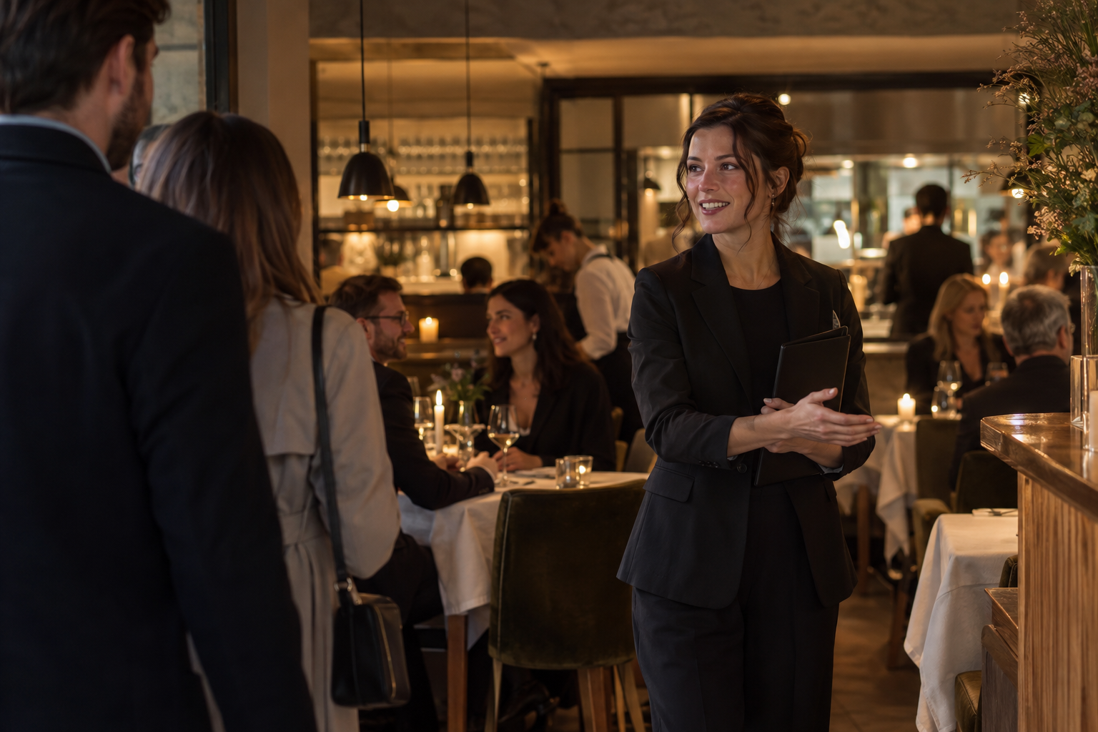 A restaurant host welcoming guests during evening service